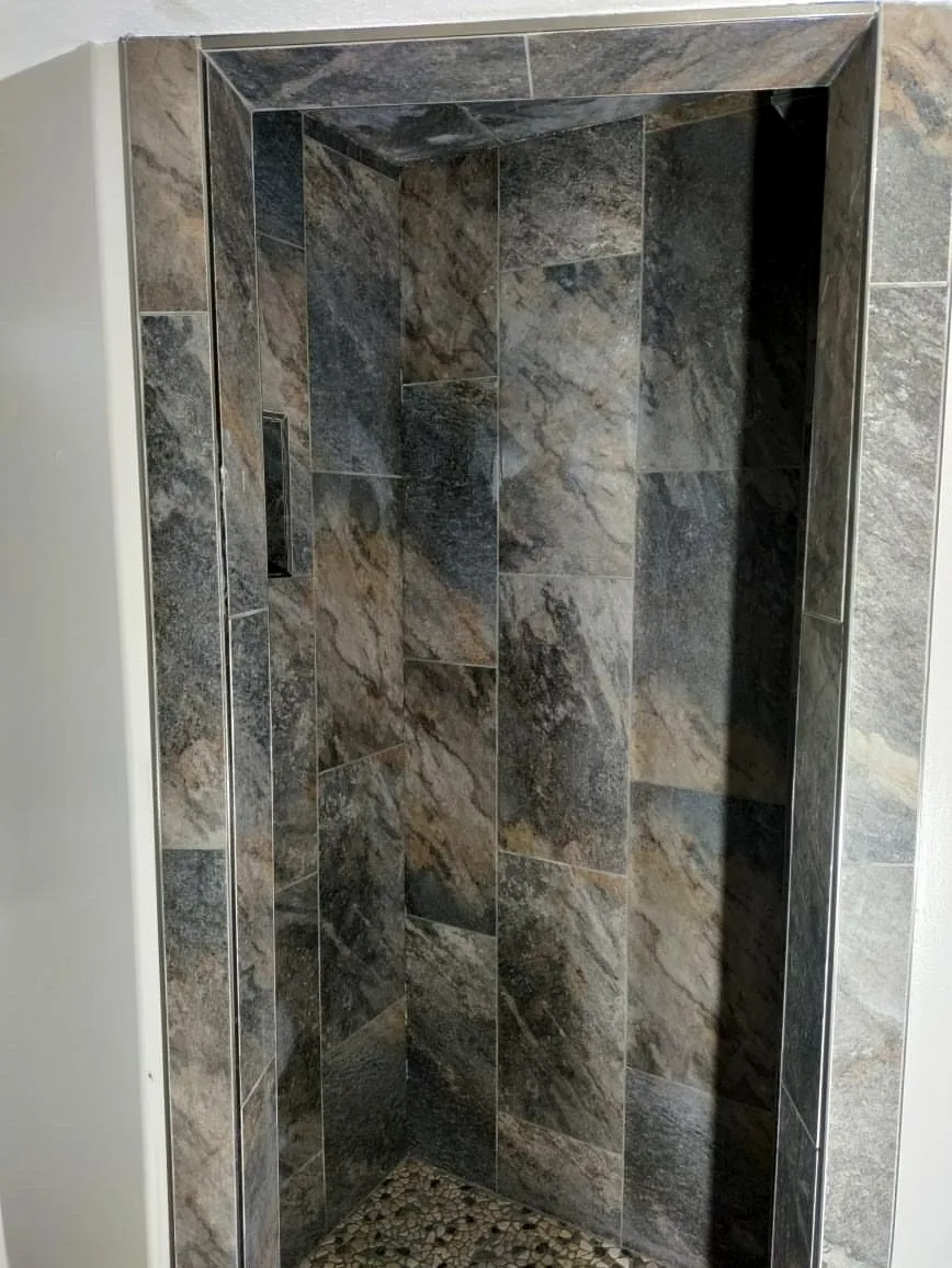 Stone-look shower tile by T&S Floors in Utah County